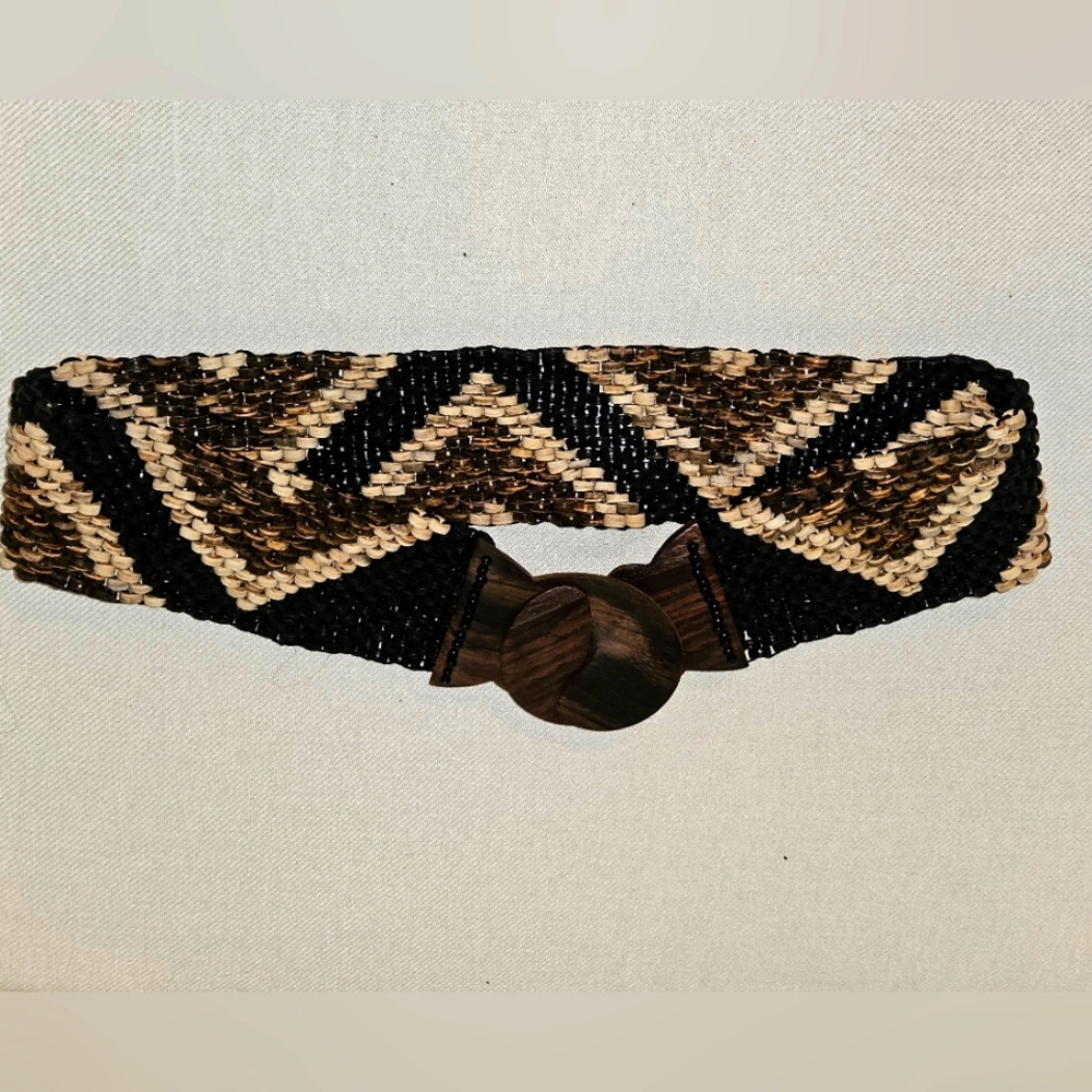 Wide Beaded Stretch Belt - Wood Buckle- SIZE S